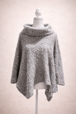 Ponsesa Cowl Neck Bouclé Knit Poncho Sweater Capsule Drape Silhouette Cozy Boho